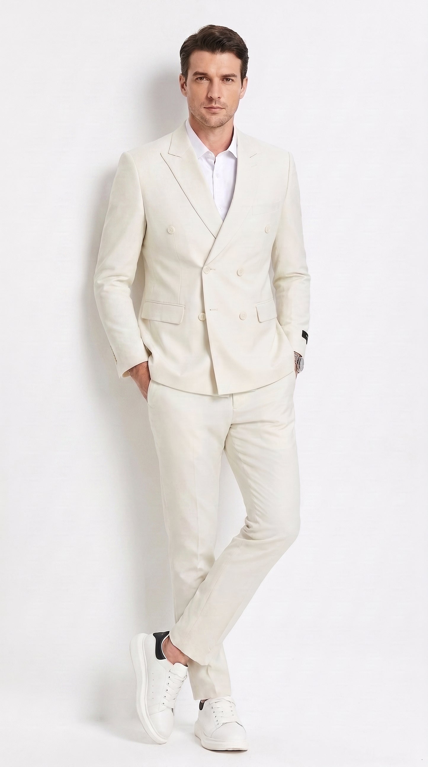 Men’s Ivory Cream Double Breasted Linen Suit – Off-White Summer Wedding Slim Fitted 2-Piece Suit Cream Color