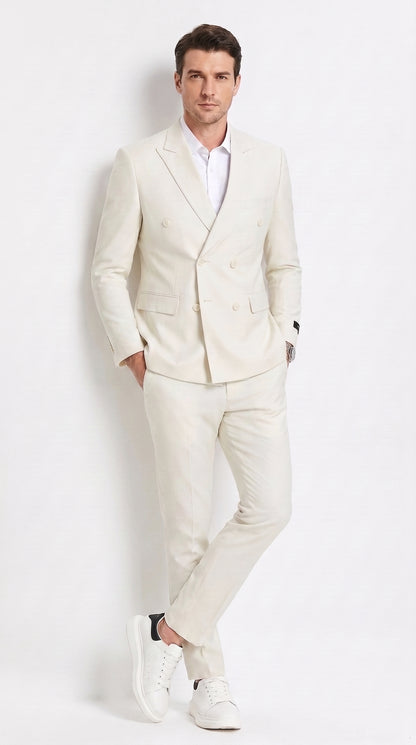 Men’s Ivory Cream Double Breasted Linen Suit – Off-White Summer Wedding Slim Fitted 2-Piece Suit Cream Color