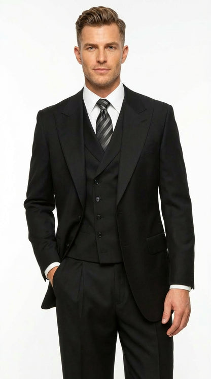 Tiglio Mens Black 3 Piece Suit – Single Button Classic Fit Pleated Wide Leg Pants Formal Business Church Suit - 100% Wool