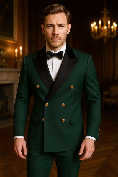 Men's Green Double-Breasted Wedding Tuxedo with Black Velvet Lapel and Gold Buttons 6   - from alligatorwarehouse.com