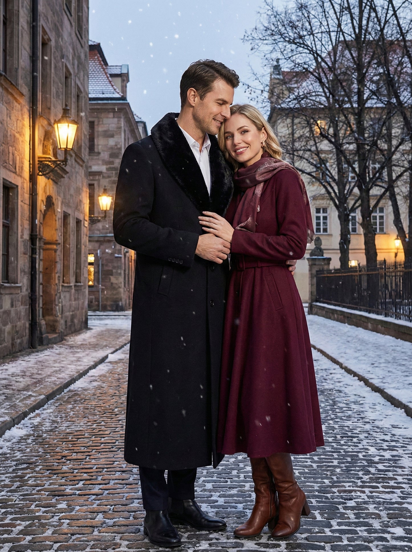 Men’s Black Long Overcoat with Faux Fur Collar, Full Length Winter Topcoat for Formal and Business Wear