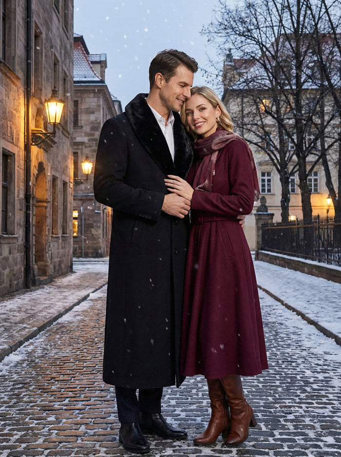 Men’s Black Long Overcoat with Faux Fur Collar, Full Length Winter Topcoat for Formal and Business Wear