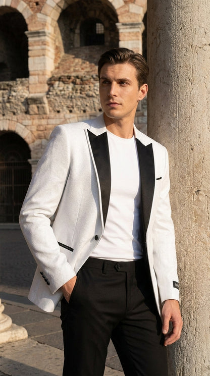 Men's White Sparkle Dinner Jacket – Black Satin Shawl Lapel Tuxedo Blazer   Slim Fit Sequin Shiny Prom Jacket
