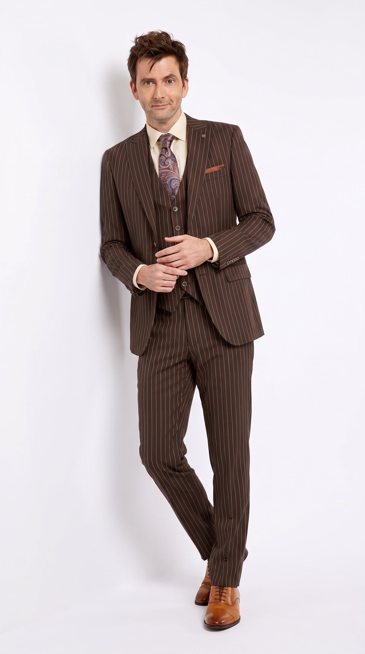 Men’s Doctor Who Inspired Brown Pinstripe 3-Piece Suit – Retro Vintage Wedding, Costume & Formal Suit