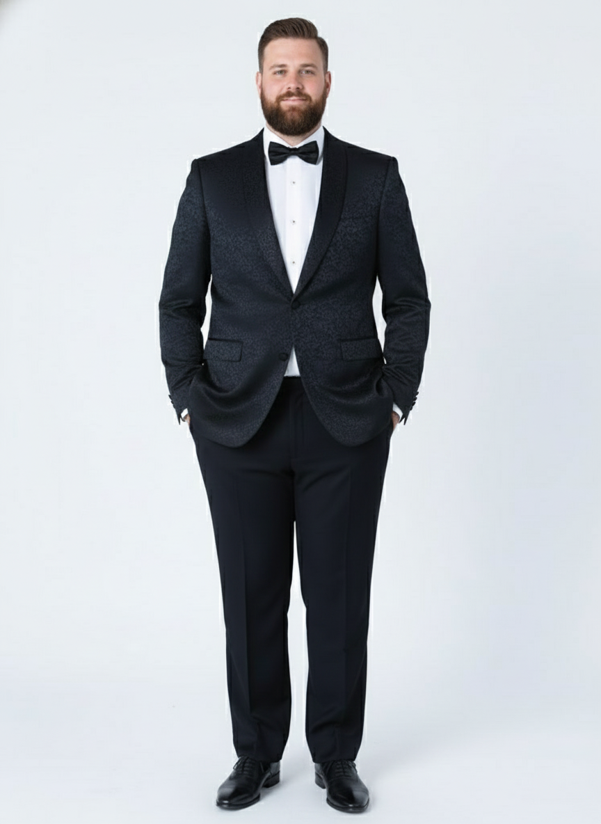 Men’s Black Textured Paisley floral Tuxedo Suit – Premium Slim Fit Formal Wedding, Prom, with Bowtie