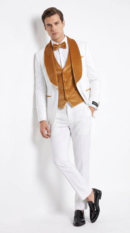 Men's White & Gold Tuxedo – Velvet Shawl Lapel 3 Piece Wedding & Prom Suit