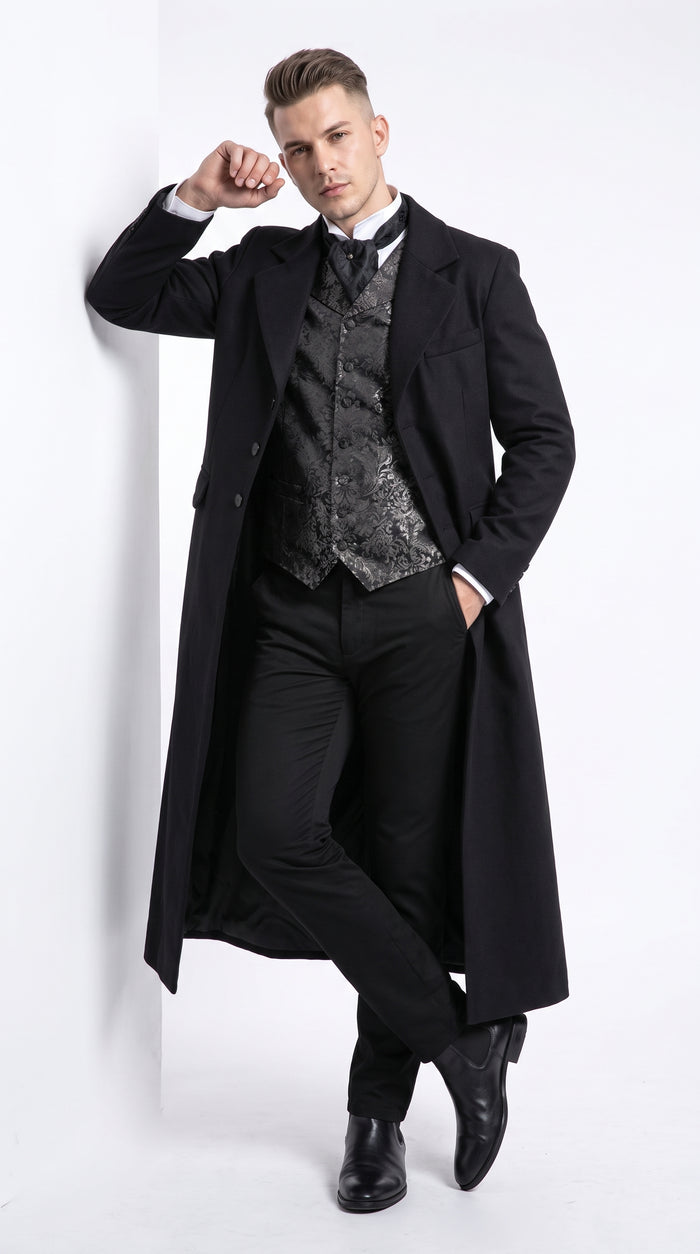 Men’s Matrix Neo Inspired Black Wool Duster Coat – Long Gothic Victorian Full Length Overcoat