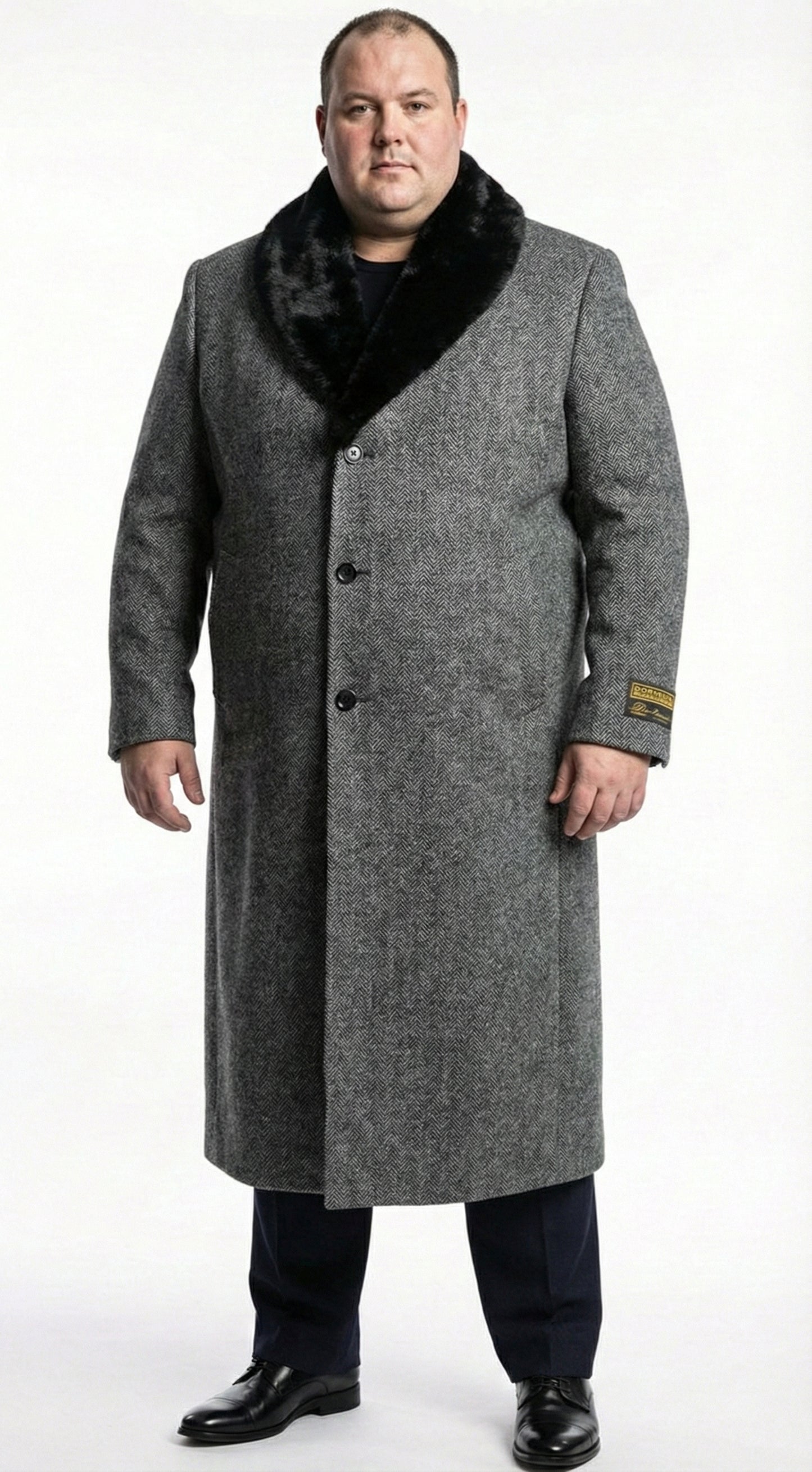 Men's Grey Herringbone Tweed Long Overcoat with Black Faux Fur Collar, Classic Winter Topcoat
