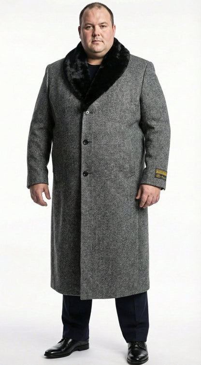 Men's Grey Herringbone Tweed Long Overcoat with Black Faux Fur Collar, Classic Winter Topcoat