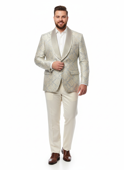 Men’s Champaign Silver and Cream Embroidered Luxury Blazer – Floral Pattern Wedding & Party Dinner Jacket in Light Tan Color