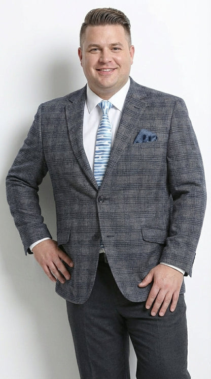 Mens Charcoal Gray with Blue Plaid Pattern Blazer Jacket – Classic Check Pattern Sport Coat for Business, Office, and Smart Casual Wear