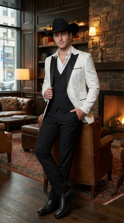 Men’s White Paisley Cowboy Tuxedo with Black Satin Lapel – Western Formal Wedding Suit Jacket