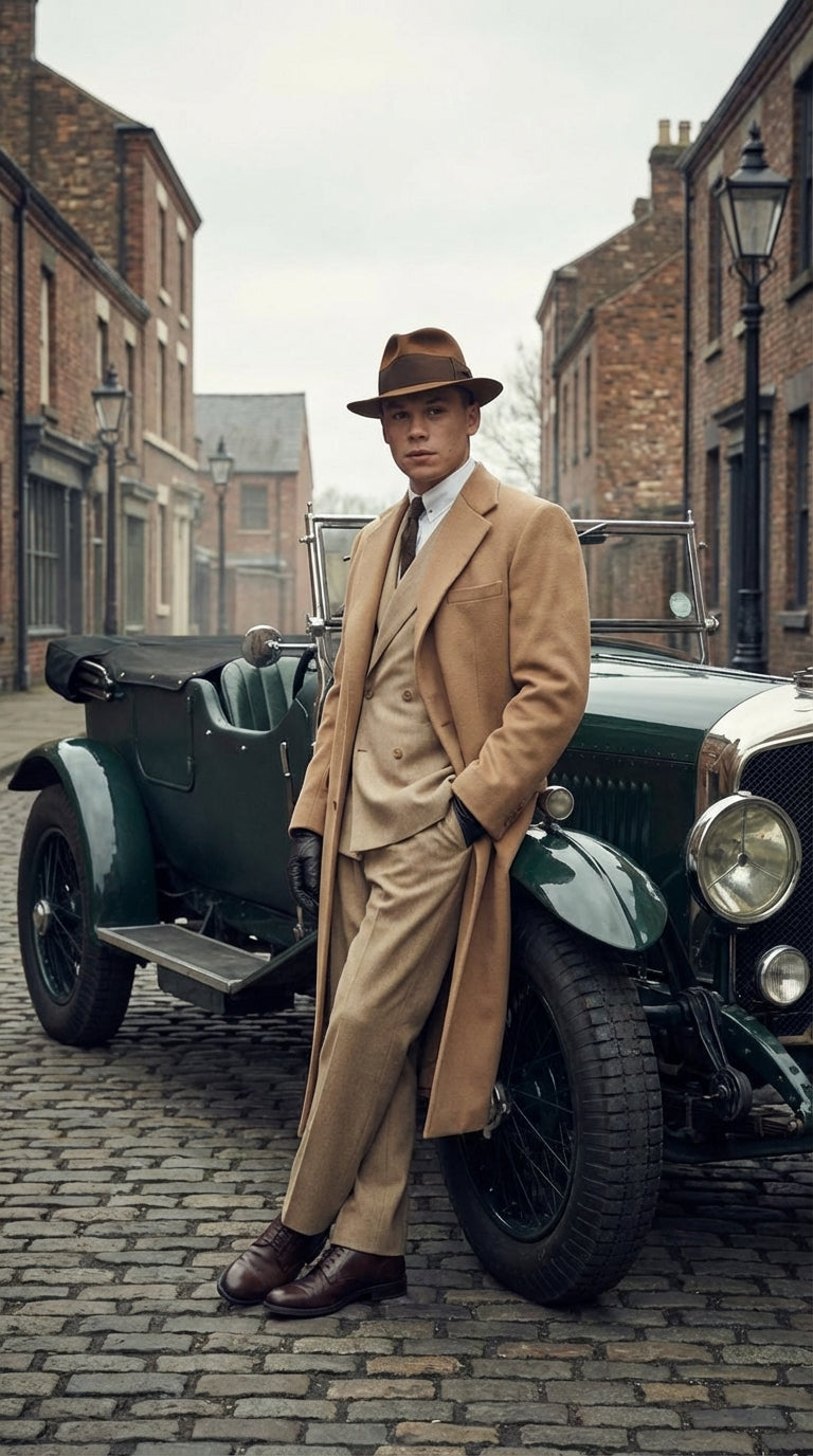 Men’s Cashmere & Wool Camel Beige Long Overcoat – Peaky Blinders Style Vintage Formal Coat + Suit + Hat Package