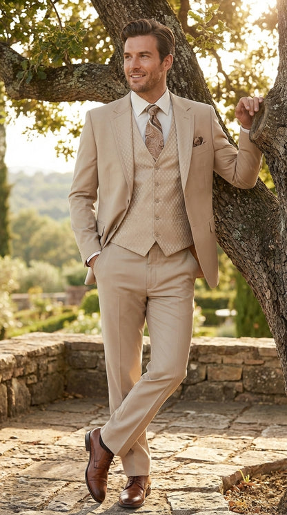 Men’s Tan Beige 3 Piece Tuxedo Suit – Beige Formal Suit Set with Vest, Patterned Lapel and Tie for Wedding, Prom in Tan Khaki Color