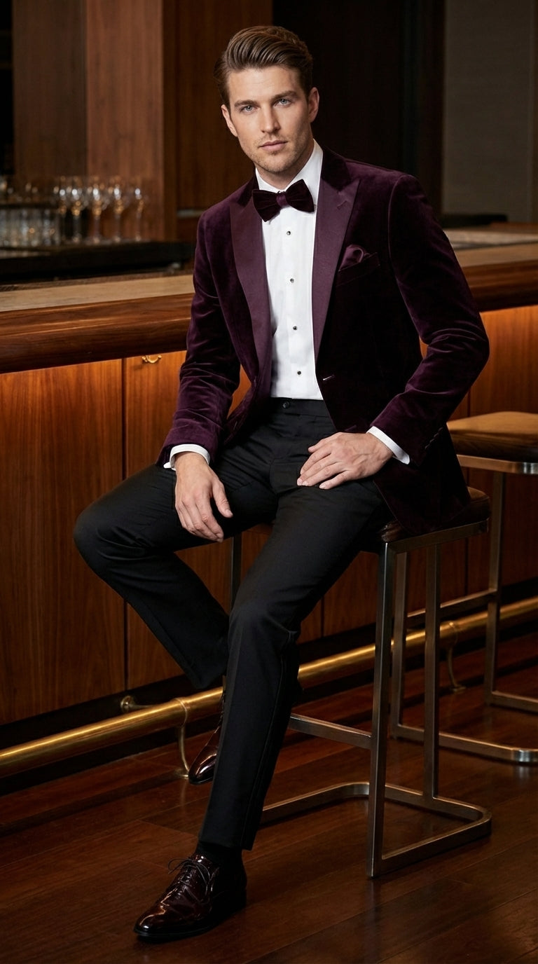 Mens Plum Eggplant Velvet Blazer Jacket – Luxury Velvet Dinner Jacket for Wedding, Tuxedo Events, Formal Parties in Burgundy Color