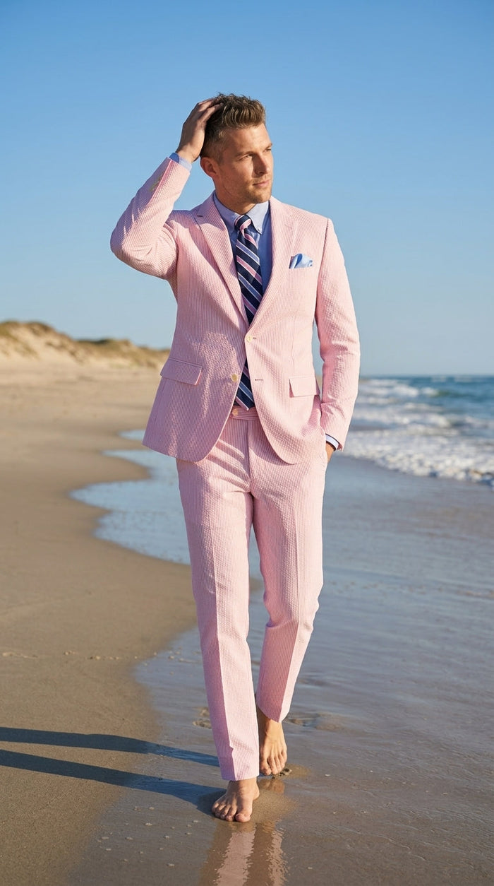Men’s Pink Seersucker 2 Piece Suit, Lightweight Summer Dress Suit for Weddings, Prom, Parties, and Special Occasions