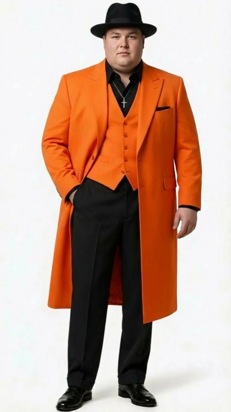 Men’s halloween Costume Orange Long Zoot Suit Set With Black Shirt and Black Pants included