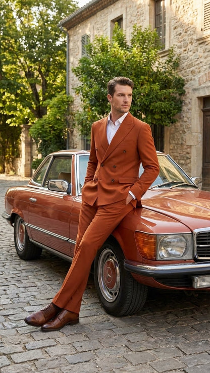 Vitali Brand Men’s Burnt Orange Double Breasted Suit – in Rust Brick Copper Color