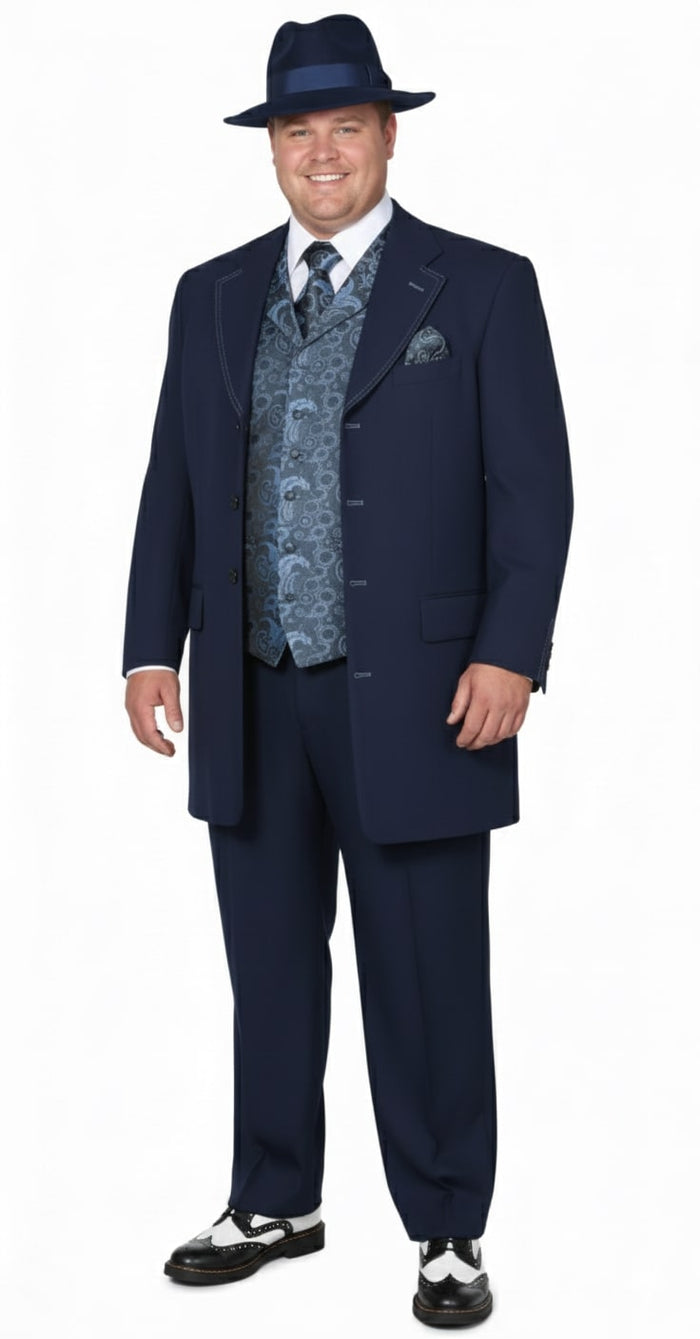 Mens 1920s Navy Blue Zoot Suit – Vintage Gangster 3-Piece Long Jacket Suit Classic Fit Pleated Pants