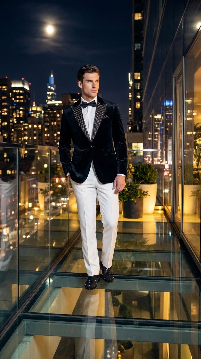 Men’s Black Velvet Tuxedo Blazer with Studded Lapel – Formal Evening Jacket