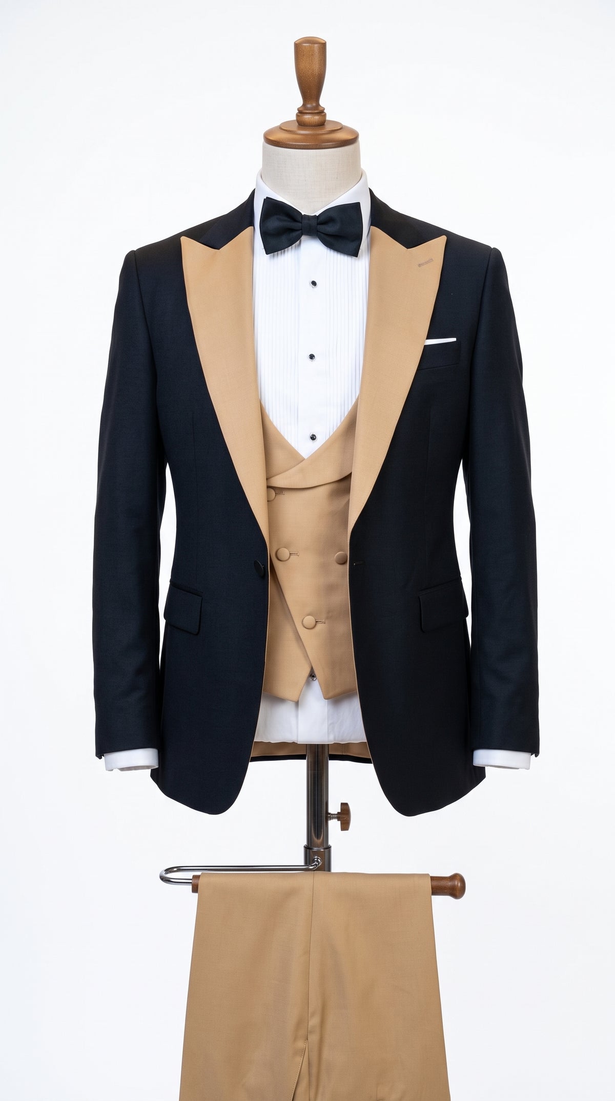 Men's Western Khaki Cowboy Tuxedo Suit – Black & Tan Beige  Peak Lapel 3-Piece Vested Formal Cowboy Suit