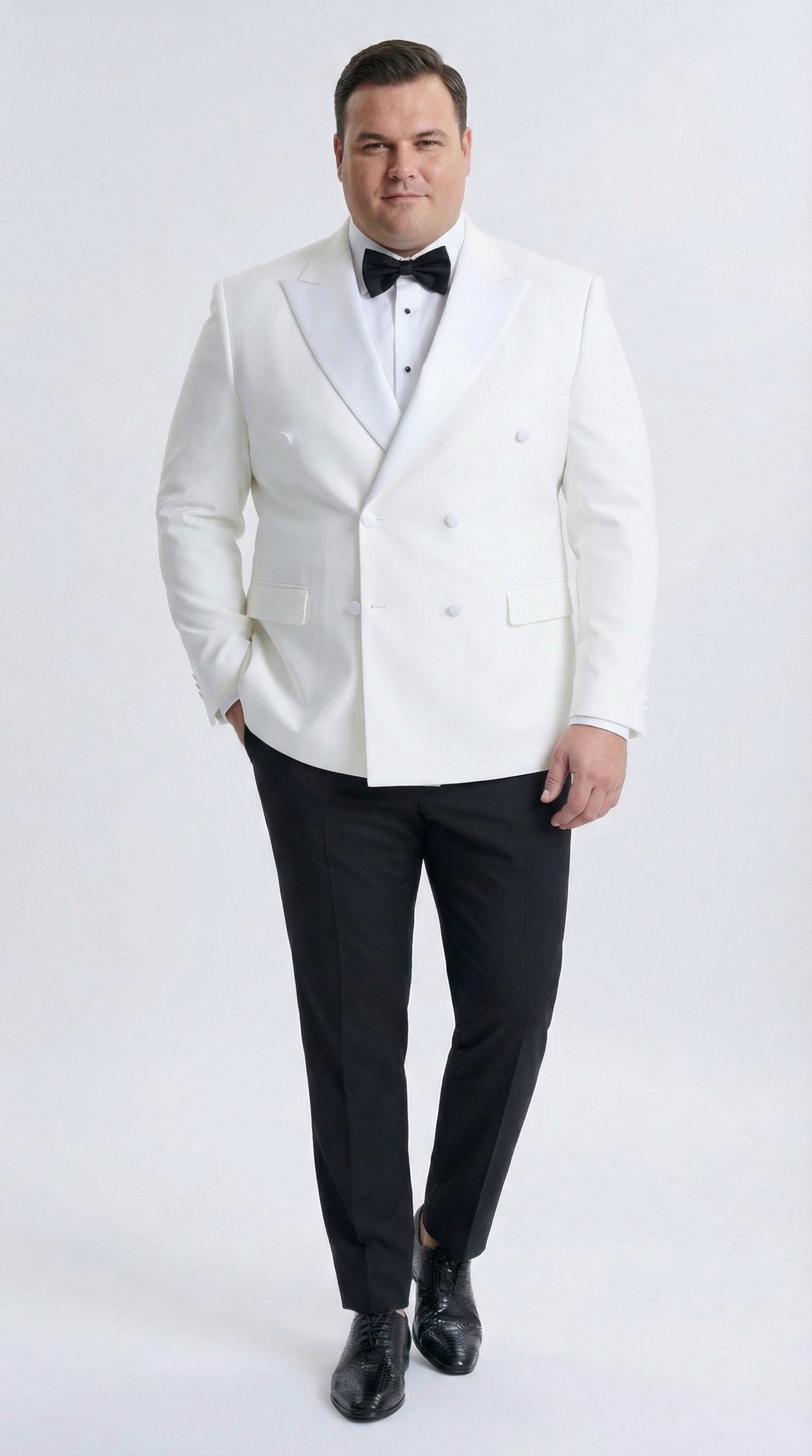 Men’s White Double Breasted Dinner Jacket Blazer with Black Pants – Formal Tuxedo Style Outfit for Weddings