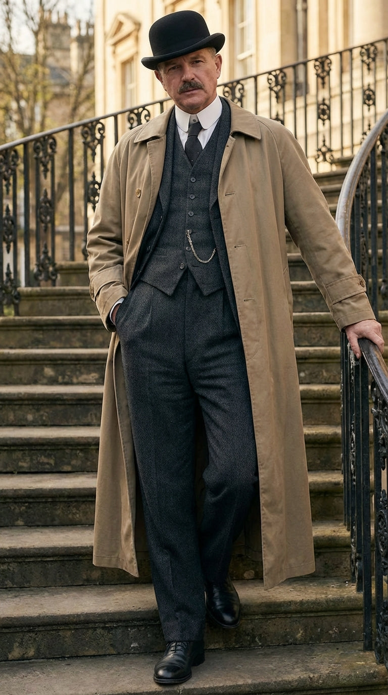 Men’s Beige Cotton Trench Coat Suit Package – Classic Long Overcoat for Formal + Suit + Hat