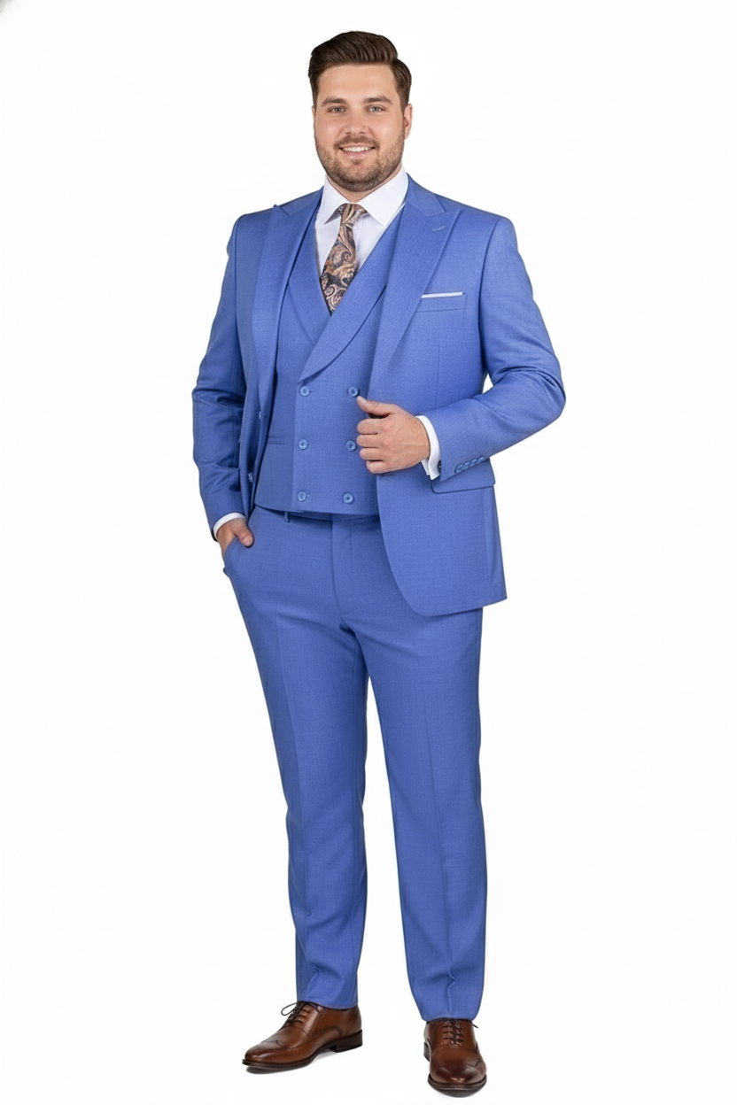 Men’s Light Blue Double-Breasted 3-Piece Suit Set – Tailored Fit Formal Business Suit in Steel Blue Sky Blue Color