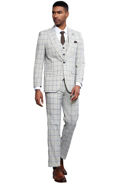 Men's Stacy Adams One Button Peak Lapel Vested Windowpane Plaid Suit in Grey & Blue 2 SM171H1-101-38R  - from alligatorwarehouse.com