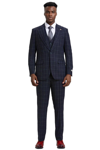 Men's Stacy Adams Vest Classic Bold Windowpane Suit in Navy Blue 2 SM394H1-02-38R  - from alligatorwarehouse.com