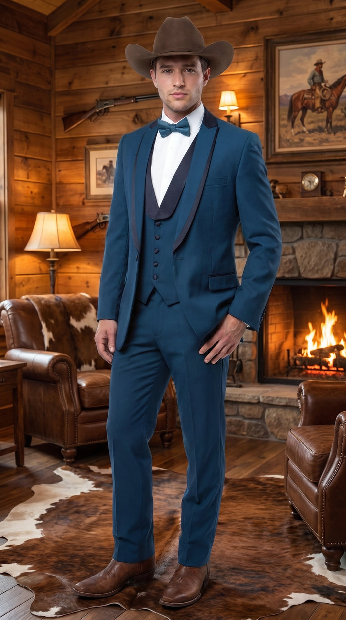 Men’s Teal Blue Western Tuxedo Suit, 3 Piece Cowboy Formal Wedding Prom Suit with Black Shawl Lapel Saphire