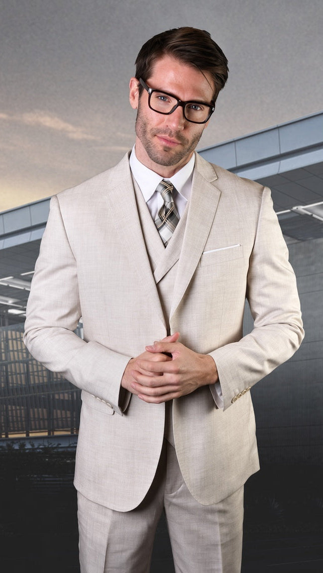 Mens Ticket Pocket Peak Lapel Double breasted Vest 100% Wool Tom Ford Style Modern Fit in Color "Tan" By Statement