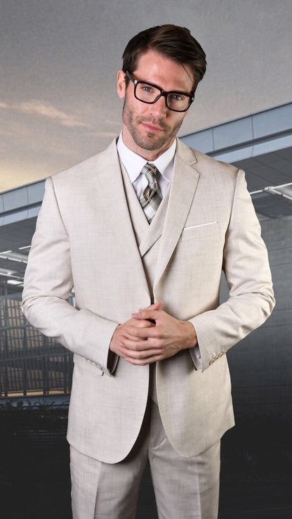 Mens Ticket Pocket Peak Lapel Double breasted Vest 100% Wool Tom Ford Style Modern Fit in Color "Tan" By Statement