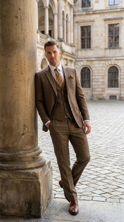 Men's Great Gatsby Brown Checker Plaid Texture 3-Piece Suit – Classic Fit Business, Wedding & Formal Suit Set - Victorian style 1920s