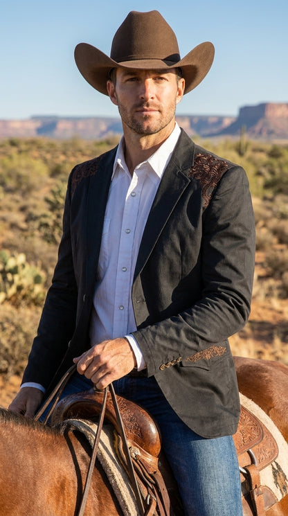 Men’s Black & Brown Western Blazer – Cowboy Sport Coat with Brown Embroidered Shoulder & Back Design