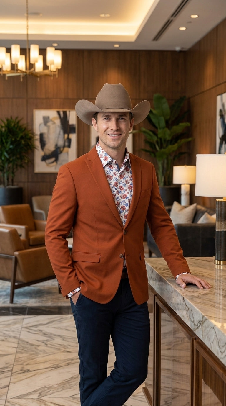 Men’s Rust Cowboy Western Blazer – Copper Brick  Color Two Button Sport Coat Peak Lapel Modern Fit