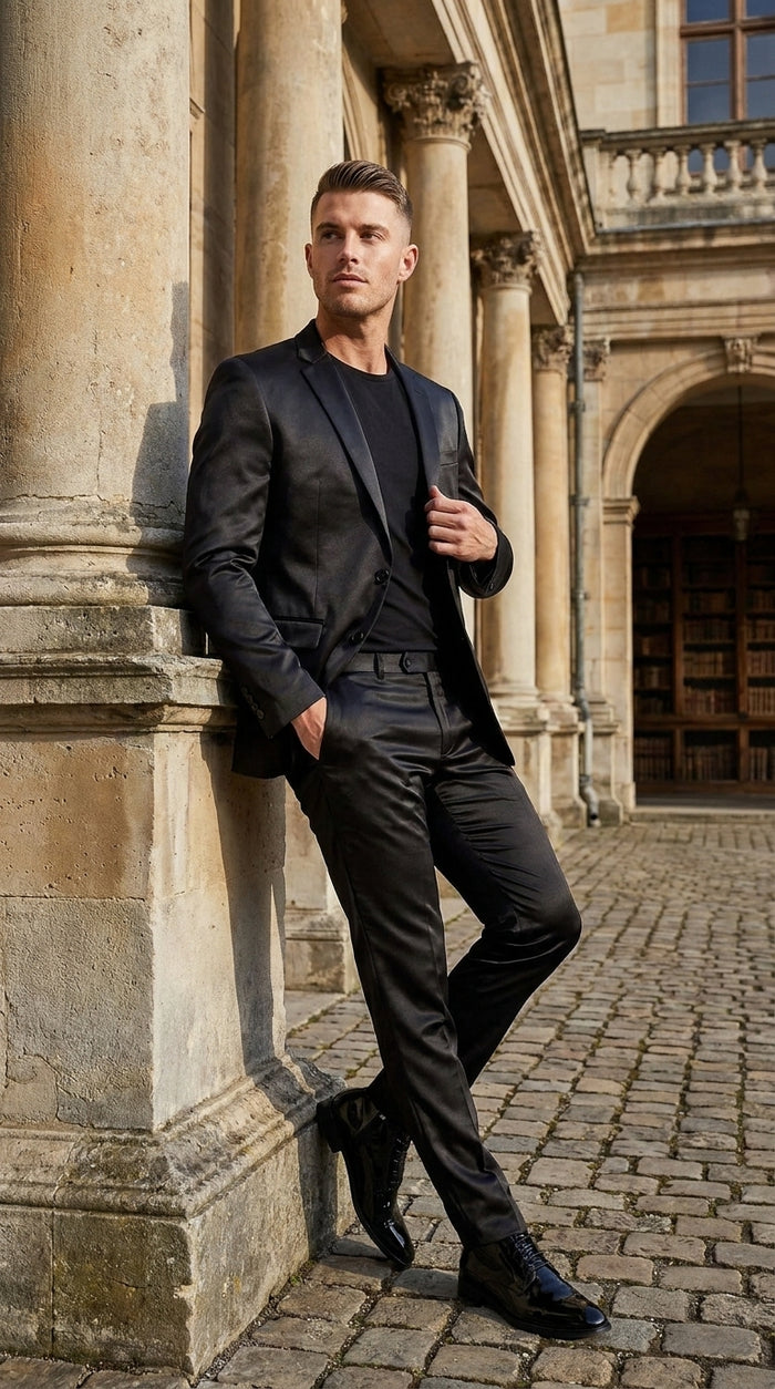 Men’s Black Shiny Sharkskin 2 Piece Suit, Formal Wedding Prom Party Dress Suit