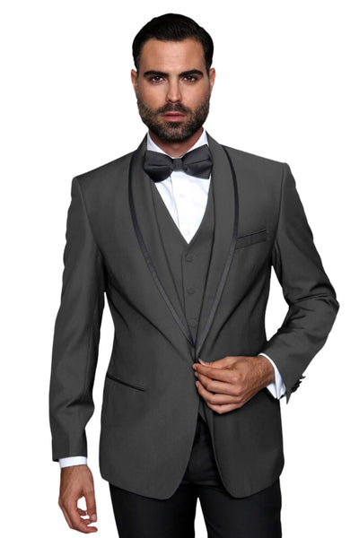 3-Piece Tailored Fit Wool Suit with Bow Tie and Flat Front Pants - Charcoal