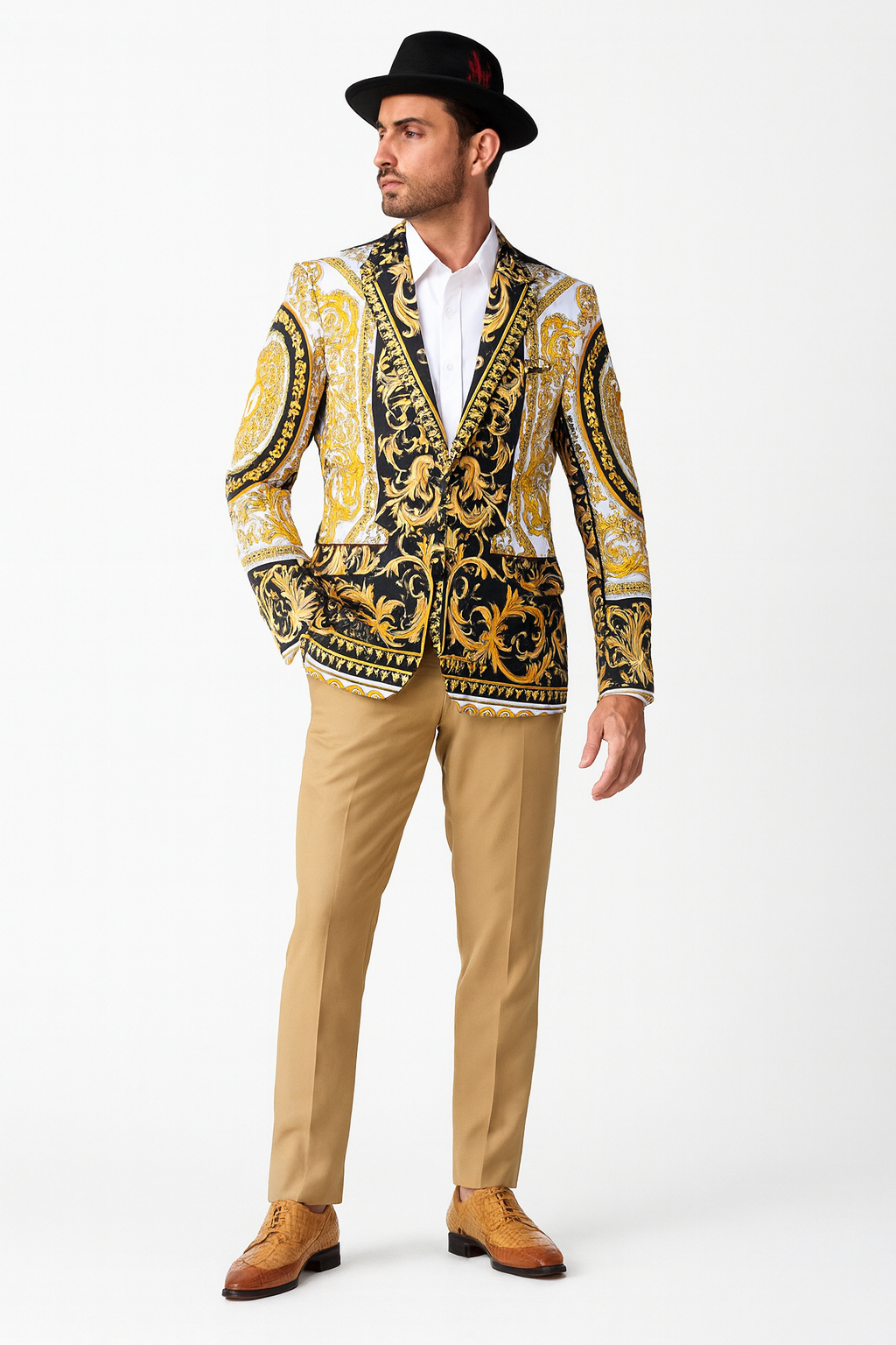 Men’s Black and Gold Baroque Blazer with Matching Pants, Hat, and Shoes – Luxury Party and Wedding Outfit Set 3   - from alligatorwarehouse.com