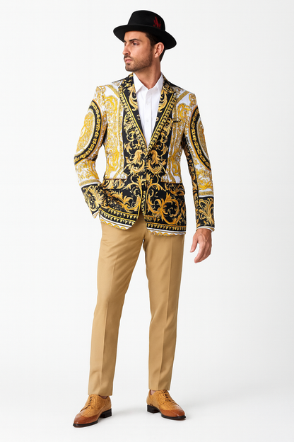 Men’s Black and Gold Baroque Blazer with Matching Pants, Hat, and Shoes – Luxury Party and Wedding Outfit Set