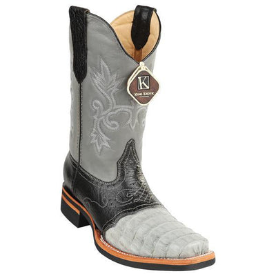 Men's King Exotic Caiman Square Toe Boots Rubber Sole & Saddle Vamp Gray (48168209) 1   - from alligatorwarehouse.com