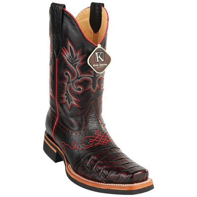 Men's King Exotic Caiman Square Toe Boots Rubber Sole & Saddle Vamp Black Cherry (48168218) 1   - from alligatorwarehouse.com