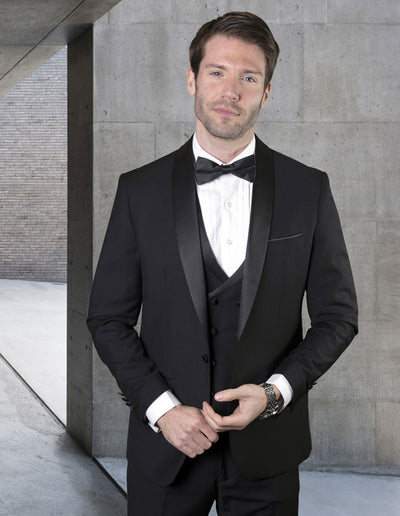 Mens Wool One Button Shawl Tuxedo with Double Breasted Vest in Black 1 MGM_BLACK_40S  - from alligatorwarehouse.com