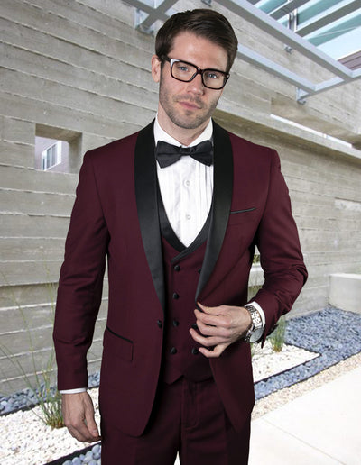 Mens Wool One Button Shawl Tuxedo with Double Breasted Vest in Burgundy 1 MGM_BURGUNDY_36S  - from alligatorwarehouse.com