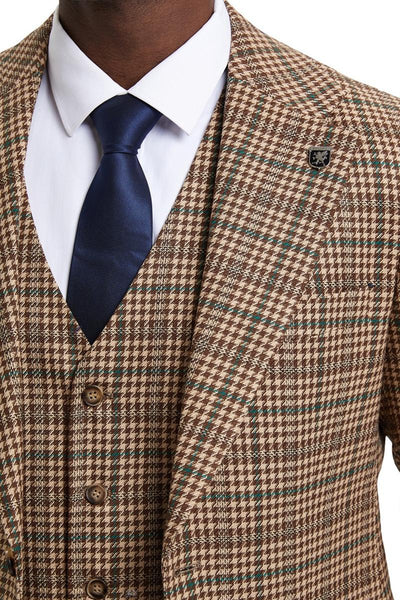 Men's Stacy Adams Vested Modern Fit Houndstooth Glen Plaid Suit in Camel & Green 6 SM162H1-01-38R  - from alligatorwarehouse.com