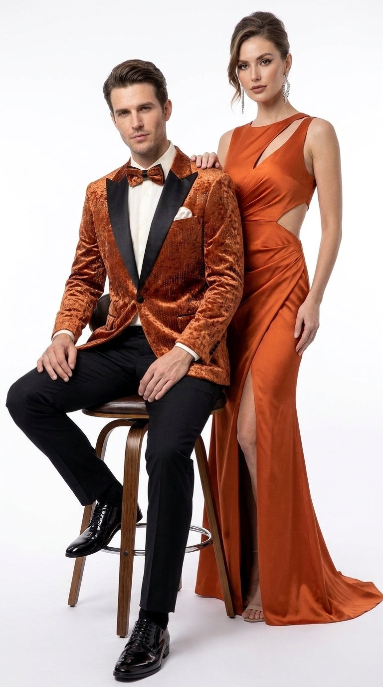Men’s Burnt Orange Sequin Velvet Blazer – Kingsman Golden Bee Inspired Black Peak Lapel Dinner Jacket