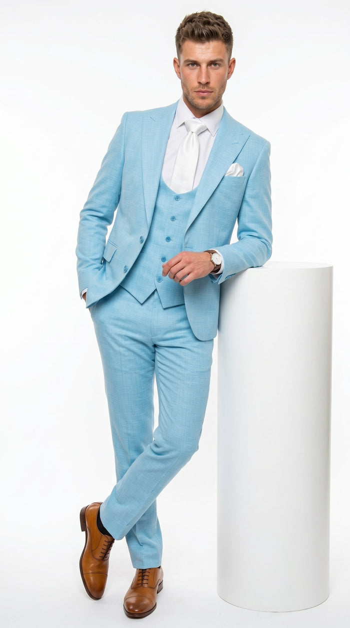 Men’s Turquoise Light blue Suit, Vested Formal Dress Suit for Weddings, Prom, Summer Parties, and Special Occasions in Aqua Blue Color By Rossiman