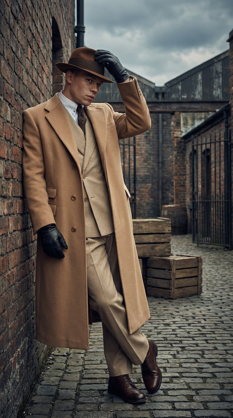 Men’s Cashmere & Wool Camel Beige Long Overcoat – Peaky Blinders Style Vintage Formal Coat + Suit + Hat Package