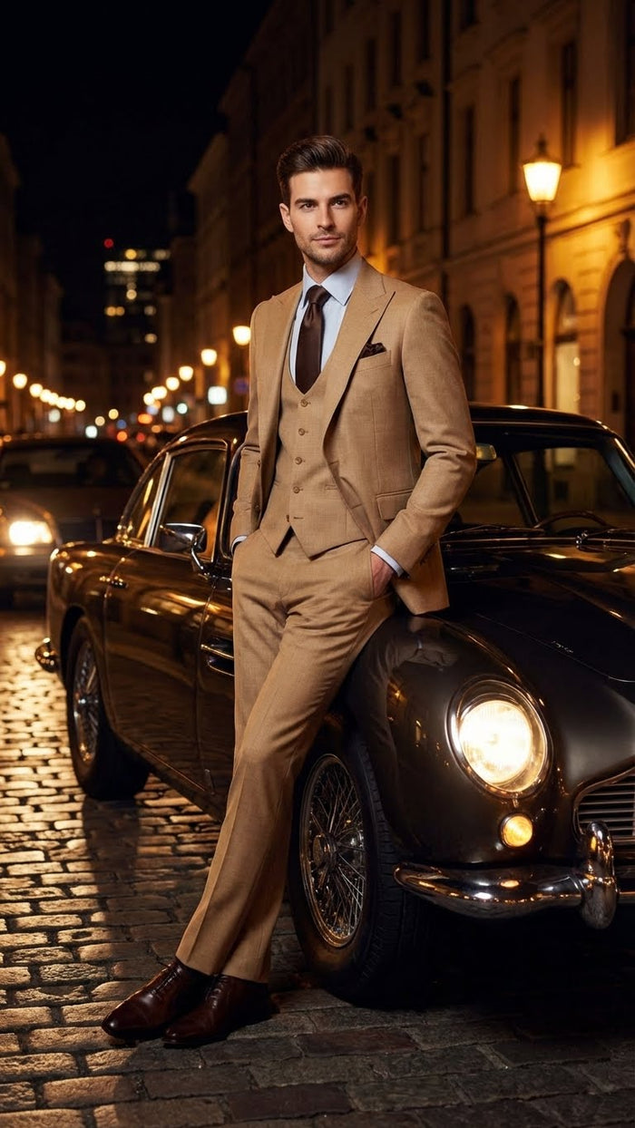 Men's Tan Three-Piece Suit with Vest – Classic Tailored Fit  in camel khaki Bronze color By Rossiman
