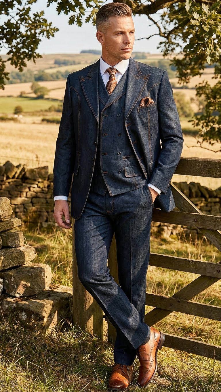 Men’s Dark Denim Blue Fabric Suit – Classic Three Piece Denim Suit for Wedding, Party and Formal Events